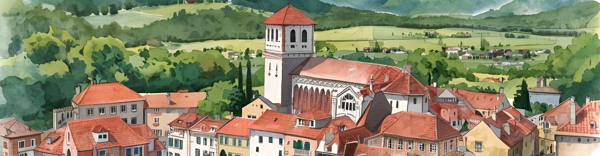 Akvarel panorame Trebinja sa starim gradom, crkvom i zelenim hercegovačkim pejzažom